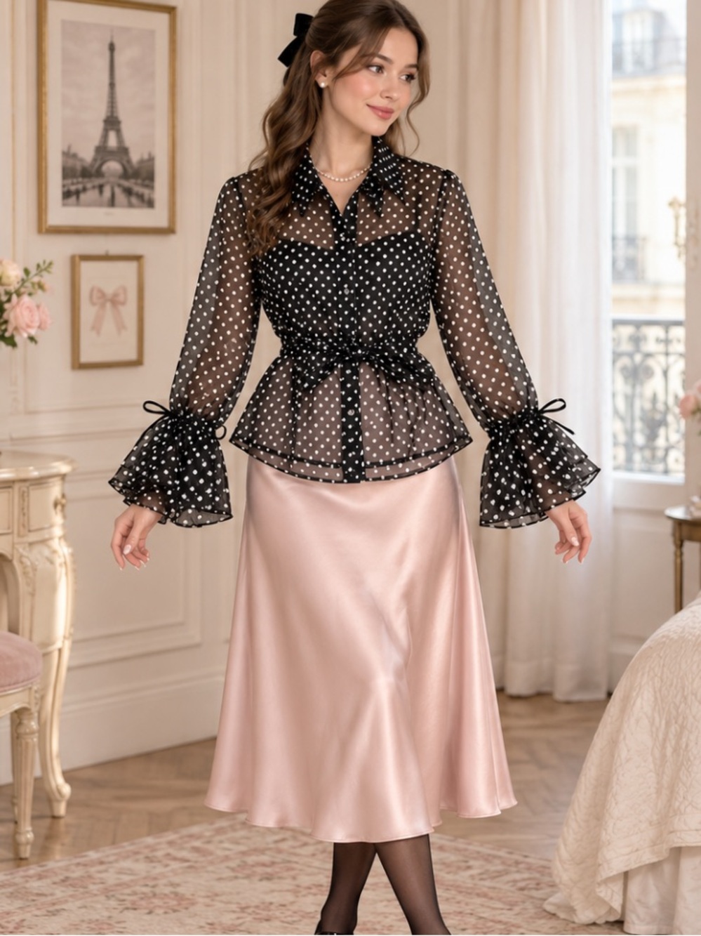 Vintage R&K Evenings Sheer Polka Dot Belted Blouse Coquette Whimsigoth